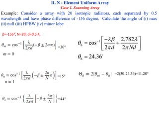 Example: Consider a array with 20 isotropic radiators, each separated by 0.5
wavelength and have phase difference of -156 degree. Calculate the angle of (i) max
(ii) null (iii) HPBW (iv) minor lobe.
II. N - Element Uniform Array
Case 1. Scanning Array
β=-156°; N=20; d=0.5 λ;
=30°
=15°
=44°
=2(30-24.36)=11.28°
1
h
h
2.782
cos
2 2
24.36
d Nd
 

 

 
 
 
 
 

 