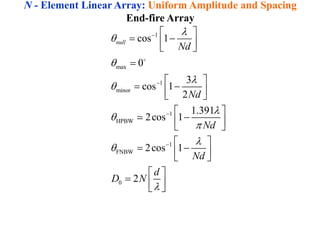 N - Element Linear Array: Uniform Amplitude and Spacing
End-fire Array
1
max
1
minor
1
HPBW
1
FNBW
0
cos 1
0
3
cos 1
2
1.391
2cos 1
2cos 1
2
null
Nd
Nd
Nd
Nd
d
D N















 
 
 
 

 
 
 
 
 

 
 
 
 
 
 
 
  
 
 