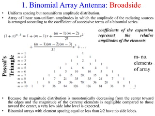 1. Binomial Array Antenna: Broadside
• Uniform spacing but nonuniform amplitude distribution.
• Array of linear non-uniform amplitudes in which the amplitude of the radiating sources
is arranged according to the coefficient of successive terms of a binomial series.
Pascal’s
Triangle
m- no.
elements
of array
coefficients of the expansion
represent the relative
amplitudes of the elements
• Because the magnitude distribution is monotonically decreasing from the center toward
the edges and the magnitude of the extreme elements is negligible compared to those
toward the center, a very low side lobe level is expected.
• Binomial arrays with element spacing equal or less than λ∕2 have no side lobes.
 