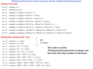 Let
z = cos u
Chebyshev polynomial Tm(z).
Relations between the cosine functions and the Tschebyscheff polynomials
Cosine Function
The order m of the
Tschebyscheff polynomial is always one
less than the total number of elements.
 