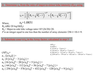 4. Determine z0 from the ratio of major-to-minor lobe intensity (R0), using
Where,
R0 (dB)=20 log10(R0)
R0 = Major-to-side lobe voltage ratio=10^(26/20)=20.
P is an integer equal to one less than the number of array elements=2M-1=10-1=9.
5. Substitute cosu=z/z0 in the Array factor, calculated in step 3
(AF)10=
a 1 {[z/z0)] }+
a2 {4 [z/z0]3 − 3 [z/z0] }+
a3 {16 [z/z0]5 − 20 [z/z0]3 + 5 [z/z0] }+
a4 { 64 [z/z0]7 − 112 [z/z0]5 + 56 [z/z0]3 − 7 [z/z0] }+
a5 { 256 [z/z0]9 − 576 [z/z0]7 + 432 [z/z0]5 − 120 [z/z0]3 + 9 [z/z0] }
(AF)10=
a1cos(u) +
a2 {4 cos3 u − 3 cos u }+
a3 {16 cos5 u − 20 cos3 u + 5 cos u }+
a4 {64 cos7 u − 112 cos5 u + 56 cos3 u − 7 cos u }+
a5 {256 cos9 u − 576 cos7 u + 432 cos5 u − 120 cos3 u + 9 cos u }
z0=1.0851
 