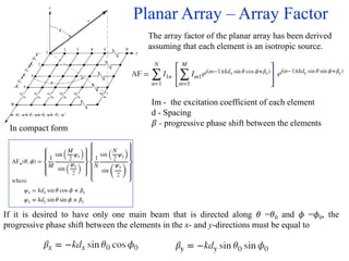 Planar Array – Array Factor
Im - the excitation coefficient of each element
d - Spacing
𝛽 - progressive phase shift between the elements
The array factor of the planar array has been derived
assuming that each element is an isotropic source.
In compact form
If it is desired to have only one main beam that is directed along 𝜃 =𝜃0 and 𝜙 =𝜙0, the
progressive phase shift between the elements in the x- and y-directions must be equal to
 
