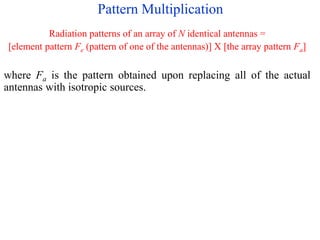 Pattern Multiplication
Radiation patterns of an array of N identical antennas =
[element pattern Fe (pattern of one of the antennas)] X [the array pattern Fa]
where Fa is the pattern obtained upon replacing all of the actual
antennas with isotropic sources.
 