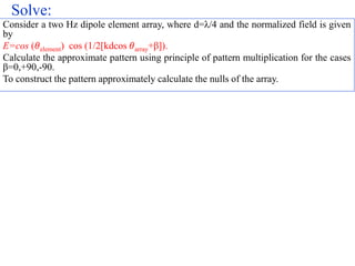 Solve:
Consider a two Hz dipole element array, where d=λ/4 and the normalized field is given
by
E=cos (𝜃element) cos (1/2[kdcos 𝜃array+β]).
Calculate the approximate pattern using principle of pattern multiplication for the cases
β=0,+90,-90.
To construct the pattern approximately calculate the nulls of the array.
 