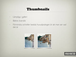 • Lämpliga i galleri 
• Bättre översikt 
• Förminska och/eller beskär, huvudpoängen är att man ser vad 
det är 
Thumbnails 
 