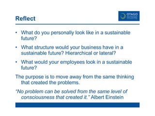 Reflect What do you personally look like in a sustainable future? What structure would your business have in a sustainable future? Hierarchical or lateral? What would your employees look in a sustainable future? The purpose is to move away from the same thinking that created the problems. “ No problem can be solved from the same level of consciousness that created it.”  Albert Einstein  