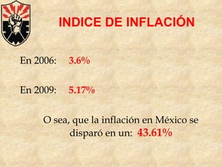 INDICE DE INFLACIÓN En 2006:   3.6% En 2009:   5.17% O sea, que la inflación en México se disparó en un:   43.61% 