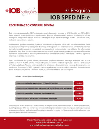3ª Pesquisa
                                                             IOB SPED NF-e
     Escrituração contábil Digital

     Das empresas pesquisadas, 52,7% declararam estar obrigadas a entregar o SPED Contábil em 30/06/2009.
     Deste universo, 83% transmitiram o arquivo dentro do prazo, número que está alinhado às informações oficiais
     divulgadas pelo governo de que 87% das 8.200 empresas que deveriam entregar o SPED Contábil em 30/06,
     realmente transmitiram o arquivo.

     Das empresas que não cumpriram o prazo, é possível deduzir algumas razões para isso. Provavelmente, parte
     delas acreditava na prorrogação do prazo de entrega. outras podem não ter dimensionado corretamente o tempo
     de implementação necessário em relação à complexidade da implementação e da validação das informações
     reportadas. além disso, um grupo deve ter decido investir mais tempo para garantir a acuracidade das informações
     reportadas, pois a validação realizada pelo PVa abrange somente consistência aritmética e a estrutura lógica das
     informações contidas nos arquivos.

     outra possibilidade é o grande número de empresas que foram intimadas a entregar a iN86 de 2007 e 2008
     (estima-se mais de 30.000). a multa por não entrega ou por erros no conteúdo reportado é elevada e pode chegar
     a 1% da receita bruta. algumas empresas podem ter priorizado o desenvolvimento e entrega desses arquivos em
     detrimento da entrega do SPED, cuja multa, calculada pelo atraso na transmissão dos arquivos, é razoavelmente
     baixa, de r$ 5.000,00 por mês calendário ou fração, conforme iN rFb no. 787/07 artigo 10.


             Sobre a Escrituração Contábil Digital


               Empresas obrigadas a entregar a ECD em 30/06/2009                                  52,7%

               Empresas que transmitiram o arquivo até 30/06 (do total de obrigadas)              82,5%

               Empresas pretendem retificar o arquivo enviado                                     29,8%

               Empresas que já iniciaram o processo de retificação                                18,2%



     um dado que chama a atenção é o alto número de empresas que pretendem corrigir as informações enviadas,
     que chega a quase 30%. isso comprova a complexidade do processo de geração dos arquivos e a insegurança das
     empresas em relação à qualidade das informações reportadas. inclusive, 18,2% declaram já ter iniciado o processo
     de correção dos arquivos transmitidos.


10                            Mais informações sobre SPED e NF-e, acesse
                                       www.iobsolucoes.com.br
                               www.iobsolucoes.com.br/iobprimeo
 