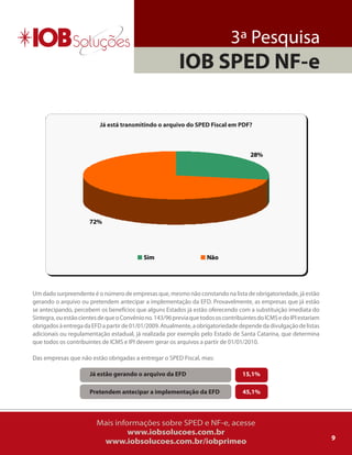 3ª Pesquisa
                                                          IOB SPED NF-e

                          Já está transmitindo o arquivo do SPED Fiscal em PDF?



                                                                                       28%




                      72%




                                            Sim                      Não




um dado surpreendente é o número de empresas que, mesmo não constando na lista de obrigatoriedade, já estão
gerando o arquivo ou pretendem antecipar a implementação da EFD. Provavelmente, as empresas que já estão
se antecipando, percebem os benefícios que alguns Estados já estão oferecendo com a substituição imediata do
Sintegra, ou estão cientes de que o Convênio no. 143/96 previa que todos os contribuintes do iCMS e do iPi estariam
obrigados à entrega da EFD a partir de 01/01/2009. atualmente, a obrigatoriedade depende da divulgação de listas
adicionais ou regulamentação estadual, já realizada por exemplo pelo Estado de Santa Catarina, que determina
que todos os contribuintes de iCMS e iPi devem gerar os arquivos a partir de 01/01/2010.

Das empresas que não estão obrigadas a entregar o SPED Fiscal, mas:

                      Já estão gerando o arquivo da EFD                             15,1%

                      Pretendem antecipar a implementação da EFD                    45,1%



                         Mais informações sobre SPED e NF-e, acesse
                                  www.iobsolucoes.com.br
                                                                                                                      9
                          www.iobsolucoes.com.br/iobprimeo
 