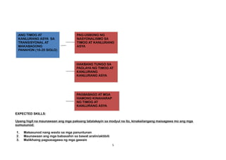 EXPECTED SKILLS:
Upang higit na maunawaan ang mga paksang tatalakayin sa modyul na ito, kinakailangang maisagawa mo ang mga
sumusunod:
1. Makasunod nang wasto sa mga panuntunan
2. Maunawaan ang mga babasahin sa bawat aralin/aktibiti
3. Malikhaing pagsasagawa ng mga gawain
5
ANG TIMOG AT
KANLURANG ASYA SA
TRANSISYONAL AT
MAKABAGONG
PANAHON (16-20 SIGLO)
PAG-USBONG NG
NASYONALISMO SA
TIMOG AT KANLURANG
ASYA
HAKBANG TUNGO SA
PAGLAYA NG TIMOG AT
KANLURANG
KANLURANG ASYA
PAGBABAGO AT MGA
HAMONG KINAHARAP
NG TIMOG AT
KANLURANG ASYA
 