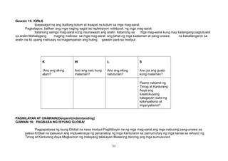 Gawain 15: KWLS
Ipasasagot na ang ikatlong kolum at ikaapat na kolum sa mga mag-aaral.
Pagkatapos, balikan ang mga naging sagot sa repleksiyon notebook. ng mga mag-aaral.
Itatanong samga mag-aaral kung naunawaan ang aralin. Itatanong sa mga mag-aaral kung may kailangang pagtutuwid
sa aralin.Mahalagang maging malinaw sa mga mag-aaral ang lahat ng mga kaalaman at pang-unawa na kakailanganin sa
aralin na ito upang mahusay na magampanan ang huling gawain para sa modyul.
K
Ano ang aking
alam?
W
Ano ang nais kung
malaman?
L
Ano ang aking
natutunan?
S
Ano pa ang gusto
kong malaman?
Paano nakamit ng
Timog at Kanlurang
Asya ang
kasalukuyang
kalagayan dulot ng
kolonyalismo at
imperyalismo?
PAGNILAYAN AT UNAWAIN(Deepen/Understanding)
GAWAIN 16: PAGBASA NG ISYUNG GLOBAl
Pagpapabasa ng Isung Global na nasa modyul.Pagtitibayin na ng mga mag-aaral ang mga nabuong pang-unawa sa
paksa.Kritikal na ipasusuri ang impluwensiya ng pananakop ng mga Kanluranin sa pamumuhay ng mga bansa sa rehiyon ng
Timog at Kanlurang Asya.Magkaroon ng malayang talakayan.Maaaring itanong ang mga sumusunod.
51
 