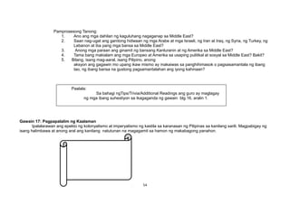 Pamprosesong Tanong:
1. Ano ang mga dahilan ng kaguluhang nagaganap sa Middle East?
2. Saan nag-ugat ang ganitong hidwaan ng mga Arabe at mga Israeli, ng Iran at Iraq, ng Syria, ng Turkey, ng
Lebanon at iba pang mga bansa sa Middle East?
3. Anong mga paraan ang ginamit ng bansang Kanluranin at ng Amerika sa Middle East?
4. Tama bang makialam ang mga Europeo at Amerika sa usaping pulitikal at sosyal sa Middle East? Bakit?
5. Bilang, isang mag-aaral, isang Pilipino, anong
aksyon ang gagawin mo upang ikaw mismo ay makaiwas sa panghihimasok o pagsasamantala ng ibang
tao, ng ibang bansa na gustong pagsamantalahan ang iyong kahinaan?
Gawain 17: Pagpapalalim ng Kaalaman
Ipalalarawan ang epekto ng kolonyalismo at imperyalismo ng kastila sa karanasan ng Pilipinas sa kanilang sarili. Magpabigay ng
isang halimbawa at anong aral ang kanilang natutunan na magagamit sa hamon ng makabagong panahon.
54
Paalala:
Sa bahagi ngTips/Trivia/Additional Readings ang guro ay maglagay
ng mga ibang suhestiyon sa ikagaganda ng gawain blg.16, aralin 1.
 