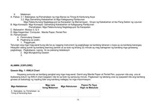 II. Nilalaman:
A. Paksa: 3.1: Balangkas ng Pamahalaan ng mga Bansa sa Timog At Kanlurang Asya
3.2: Mga Samahang Kababaihan at Mga Kalagayang Panlipunan
Mga Palatuntunang Nagtataguyod sa Karapatan ng Mamamayan , Grupo ng Kababaihan at Iba Pang Sektor ng Lipunan
B. Mga Konsepto: Mga Konsepto: Samahang Kababaihan at Kalagayang Panlipunan
Pamahalaan, Mga Palatuntunang Nagtataguyod Sa Karapatan
C. Babasahin: Modyul 3, Q 3
D. Mga Kagamitan: Computer, Manila Paper, Pentel Pen
III. Pamamaraan:
A. Panimulang Gawain
B. Paglinang sa aralin;
1. Pagganyak;
Tanungin ang mga mag-aaral kung sila ba ay nagging instrument ng pagbabago sa kanilang tahanan o kaya ay sa kanilang barangay.
Hikayatin silang pumili ng kanilang learning partner at sa loob ng limang (5) minute ay mag bahaginan ng kanilang mga ginawang
pagbabago. Pagkatapos, iugnay ito sa paksang tatalakayin.
2. Mga Mungkahing Gawain
3.
ALAMIN ( EXPLORE)
Gawain Blg. 1: KWLH Chart
Hayaang pumunta sa kanilang pangkat ang mga mag-aaral. Gamit ang Manila Paper at Pentel Pen, pupunan nila ang una at
ikalawang kolum ng KWLH chart.Gagawin nila ito sa loob ng sampung minuto. Pagkaraan ng takdang oras ay ipapaskil nila ang kanilang
ginawa at ibabahagi ng napiling lider ang kanilang nailagay na mga impormasyon.
Mga Nalalaman
Mga nais
kong Malaman
Mga Natutunan
Paano Pa Tayo
Higit na Matututo
A. Balangkas ng Pamahalaan sa
Timog at Kanlurang Asya
75
 