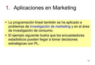 13
 La programación lineal también se ha aplicado a
problemas de investigación de marketing y en el área
de investigación de consumo.
 El ejemplo siguiente ilustra que los encuestadores
estadísticos pueden llegar a tomar decisiones
estratégicas con PL.
1. Aplicaciones en Marketing
 