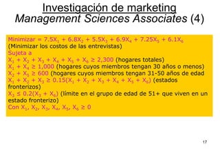 17
Minimizar = 7.5X1 + 6.8X2 + 5.5X3 + 6.9X4 + 7.25X5 + 6.1X6
(Minimizar los costos de las entrevistas)
Sujeta a
X1 + X2 + X3 + X4 + X5 + X6 ≥ 2,300 (hogares totales)
X1 + X4 ≥ 1,000 (hogares cuyos miembros tengan 30 años o menos)
X2 + X5 ≥ 600 (hogares cuyos miembros tengan 31-50 años de edad
X1 + X2 + X3 ≥ 0.15(X1 + X2 + X3 + X4 + X5 + X6) (estados
fronterizos)
X3 ≤ 0.2(X3 + X6) (límite en el grupo de edad de 51+ que viven en un
estado fronterizo)
Con X1, X2, X3, X4, X5, X6 ≥ 0
Investigación de marketing
Management Sciences Associates (4)
 