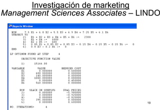 19
Investigación de marketing
Management Sciences Associates – LINDO
 