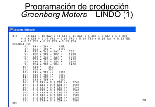 39
Programación de producción
Greenberg Motors – LINDO (1)
 