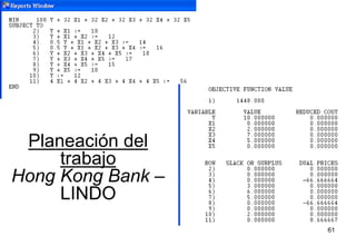 61
Planeación del
trabajo
Hong Kong Bank –
LINDO
 