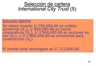 68
Selección de cartera
International City Trust (5)
Solución óptima
Se deben invertir I/.750,000.00 en crédito
comercial (X1), I/.950,000.00 en bonos
corporativos (X2), I/.1’500,000.00 en acciones en
oro (X3), y I/.1’800,000.00 en préstamos para
construcción (X4).
El interés total devengado es I/.712,000.00.
 