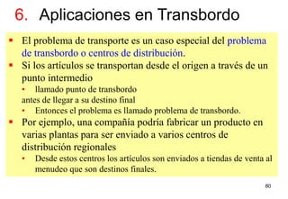 80
 El problema de transporte es un caso especial del problema
de transbordo o centros de distribución.
 Si los artículos se transportan desde el origen a través de un
punto intermedio
• llamado punto de transbordo
antes de llegar a su destino final
• Entonces el problema es llamado problema de transbordo.
 Por ejemplo, una compañía podría fabricar un producto en
varias plantas para ser enviado a varios centros de
distribución regionales
• Desde estos centros los artículos son enviados a tiendas de venta al
menudeo que son destinos finales.
6. Aplicaciones en Transbordo
 