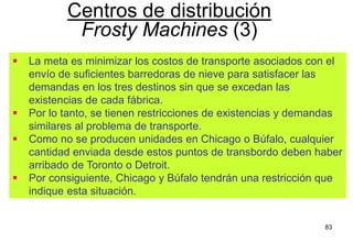 83
 La meta es minimizar los costos de transporte asociados con el
envío de suficientes barredoras de nieve para satisfacer las
demandas en los tres destinos sin que se excedan las
existencias de cada fábrica.
 Por lo tanto, se tienen restricciones de existencias y demandas
similares al problema de transporte.
 Como no se producen unidades en Chicago o Búfalo, cualquier
cantidad enviada desde estos puntos de transbordo deben haber
arribado de Toronto o Detroit.
 Por consiguiente, Chicago y Búfalo tendrán una restricción que
indique esta situación.
Centros de distribución
Frosty Machines (3)
 