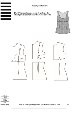 Modelagem Feminina
________________________________________________________________________
Centro de Formação Profissional José Alencar Gomes da Silva
___________________________________________________________________
66
EX.: 5) Transporte das pences do ombro e da
lateral para o recorte horizontal abaixo do busto:

 