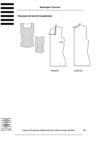 Modelagem Feminina
________________________________________________________________________
Centro de Formação Profissional José Alencar Gomes da Silva
___________________________________________________________________
80
TRAÇADO DE DECOTE QUADRADO
FRENTE COSTAS
2
8
2
2
 