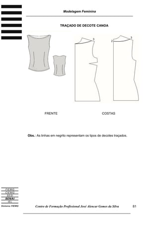 Modelagem Feminina
________________________________________________________________________
Centro de Formação Profissional José Alencar Gomes da Silva
___________________________________________________________________
81
TRAÇADO DE DECOTE CANOA
FRENTE COSTAS
Obs.: As linhas em negrito representam os tipos de decotes traçados.
3
2
3
 