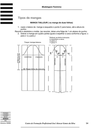 Modelagem Feminina
_____________________________________________________________________
Centro de Formação Profissional José Alencar Gomes da Silva
__________________________________________________________________
94
TTiippooss ddee mmaannggaass
MANGA TAILLEUR ( ou manga de duas folhas)
1. copie o básico da manga e esquadre o ponto C para baixo, até a altura do
punho;
Recorte e desdobre o molde. (ao recortar, deixe uma folga de 1 cm abaixo do punho;
2. Dobrar a manga em quatro partes iguais e espelhar a cava conforme a figura: x
para x’ e y para y’
 