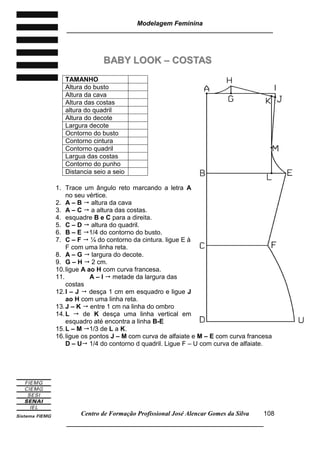 Modelagem Feminina
_____________________________________________________________________
Centro de Formação Profissional José Alencar Gomes da Silva
__________________________________________________________________
108
BBAABBYY LLOOOOKK –– CCOOSSTTAASS
1. Trace um ângulo reto marcando a letra A
no seu vértice.
2. A – B  altura da cava
3. A – C  a altura das costas.
4. esquadre B e C para a direita.
5. C – D  altura do quadril.
6. B – E 1/4 do contorno do busto.
7. C – F  ¼ do contorno da cintura. ligue E à
F com uma linha reta.
8. A – G  largura do decote.
9. G – H  2 cm.
10.ligue A ao H com curva francesa.
11. A – I  metade da largura das
costas
12.I – J  desça 1 cm em esquadro e ligue J
ao H com uma linha reta.
13.J – K  entre 1 cm na linha do ombro
14.L  de K desça uma linha vertical em
esquadro até encontra a linha B-E
15.L – M 1/3 de L a K.
16.ligue os pontos J – M com curva de alfaiate e M – E com curva francesa
D – U 1/4 do contorno d quadril. Ligue F – U com curva de alfaiate.
TAMANHO
Altura do busto
Altura da cava
Altura das costas
altura do quadril
Altura do decote
Largura decote
Ocntorno do busto
Contorno cintura
Contorno quadril
Largua das costas
Contorno do punho
Distancia seio a seio
 