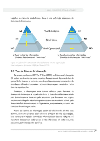 AULA 3 • FUNDAMENTOS DE SISTEMAS DE INFORMAÇÃO




trabalho previamente estabelecido. Essa é uma deﬁnição adequada de
Sistemas de Informação.




Figura 2: Os SI “ﬂuem” verticalmente e horizontalmente em uma organização
Fonte: Adaptação de Laudon (1999) e O’Brien (2003).


3.2 Tipos de Sistemas de Informação
    De acordo com Laudon (1999) e O’Brien (2003), os Sistemas de Informação
(SI) podem ser descritos de várias maneiras. Essa variedade decorre do fato de
que os SI são sistemas e, portanto, suas descrições estão associadas ao tipo de
abordagem utilizada para resolver certos problemas e para caracterizar certos
tipos de organizações.

    Entretanto, a abordagem mais comum utilizada para descrever os
Sistemas de Informação é aquela vinculada à área do conhecimento dada
pela Administração e fornecida pelos estudiosos que descrevem uma organi-
zação constituída pelos três níveis apresentados na seção anterior. Aﬁnal, pela
Teoria Geral da Administração, os SI permeiam, completamente, todas as três
camadas de uma organização.

    Assim, os Sistemas de Informação podem ser classiﬁcados em três tipos
distintos, cada um operando sobre um nível principal de uma organização.
Essa hierarquia de tipos de Sistemas de Informação está descrita na ﬁgura 3. É
importante destacar que cada tipo de SI não está isolado em cada nível, mas
possui mútuas fronteiras entre os níveis.



                                                                 UNITINS • ANÁLISE E DESENVOLVIMENTO DE SISTEMAS • 1º PERÍODO   39
 