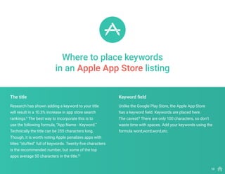 Research has shown adding a keyword to your title
will result in a 10.3% increase in app store search
rankings.9
The best way to incorporate this is to
use the following formula, “App Name - Keyword.”
Technically the title can be 255 characters long.
Though, it is worth noting Apple penalizes apps with
titles “stuffed” full of keywords. Twenty-five characters
is the recommended number, but some of the top
apps average 50 characters in the title.10
Unlike the Google Play Store, the Apple App Store
has a keyword field. Keywords are placed here.
The caveat? There are only 100 characters, so don’t
waste time with spaces. Add your keywords using the
formula word,word,word,etc.
The title Keyword field
Where to place keywords
in an Apple App Store listing
10
 