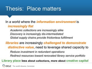 Thesis: Place matters

  In a world where the information environment is
    increasingly flat
      Academic collections ...