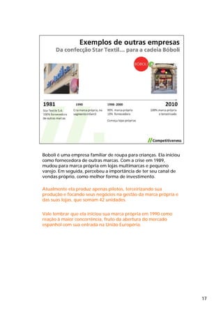 Boboli é uma empresa familiar de roupa para crianças. Ela iniciou
como fornecedora de outras marcas. Com a crise em 1989,
mudou para marca própria em lojas multimarcas e pequeno
varejo. Em seguida, percebeu a importância de ter seu canal de
vendas próprio, como melhor forma de investimento.

Atualmente ela produz apenas pilotos, terceirizando sua
produção e focando seus negócios na gestão da marca própria e
das suas lojas, que somam 42 unidades.


Vale lembrar que ela iniciou sua marca própria em 1990 como
reação à maior concorrência, fruto da abertura do mercado
espanhol com sua entrada na União Européria.




                                                                    17
 