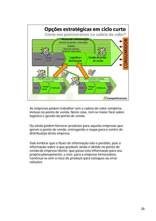 As empresas podem trabalhar com a cadeia de valor completa,
incluso no ponto de venda. Neste caso, tem-se maior foco sobre
logística e gestão do ponto de venda.


Ou ainda podem fornecer produtos para aquelas empresas que
gerem o ponto de venda, entregando a roupa para o centro de
distribuição desta empresa.


Vale lembrar que o fluxo de informação não é perdido, pois a
informação sobre o que produzir ainda é obtida no ponto de
venda da empresa cliente, que passa esta informação para seu
próprio planejamento, e este, para a empresa fornecedora.
Continua-se sem o risco de produzir para estoques ou errar
coleções.




                                                                 26
 