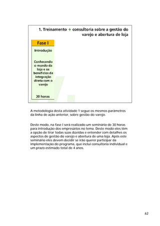 A metodologia desta atividade 1 segue os mesmos parâmetros
da linha de ação anterior, sobre gestão do varejo.


Deste modo, na fase I será realizado um seminário de 30 horas
para introdução dos empresários no tema. Deste modo eles têm
a opção de tirar todas suas dúvidas e entender com detalhes os
aspectos de gestão do varejo e abertura de uma loja. Após este
seminário eles devem decidir se irão querer participar da
implementação do programa, que inclui consultoria individual e
um prazo estimado total de 4 anos.




                                                                 62
 