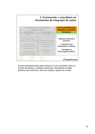 A outra atividade desta ação número 2 é um seminário sobre as
formas de aliança e relações comerciais, abordando os lados
jurídicos dos contratos, tanto de compra, quanto de venda.




                                                                93
 