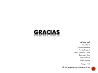 Alumnos:
César Pérez
Adriana Mendoza
Brenda Esquivel
Maria Fernanda Landa
Luis Angel Rosa
Doriana Villar
Gloria Ocampo
Grupo : 9101
TÉCNICAS APLICABLES AL DERECHO
 