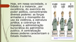 Hoje, em nossa sociedade, o
Estado é a instancia , por
excelência, do exercício do
poder politico, concentrando
diversos poderes: as forças
armadas e o monopólio do
uso da violência, a estrutura
jurídica; a cobrança de
impostos; a administração
burocrática do patrimônio
publico. A centralização
desses poderes caracterizam o
Estado moderno. Esta Foto de Autor Desconhecido está licenciado em CC
BY-NC-ND
 