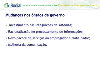 uma nova era nas relações entre Empregadores, Empregados e Governo.

Mudanças nos órgãos de governo


Investimento nas integrações de sistemas;



Racionalização no processamento de informações;



Novo pacote de serviços ao empregador e trabalhador;



Melhoria da comunicação.

 