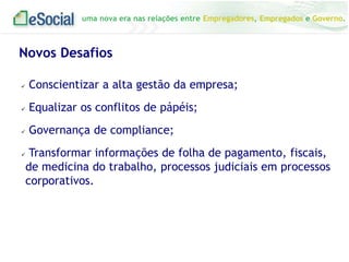 uma nova era nas relações entre Empregadores, Empregados e Governo.

Novos Desafios


Conscientizar a alta gestão da empresa;



Equalizar os conflitos de pápéis;



Governança de compliance;



Transformar informações de folha de pagamento, fiscais,
de medicina do trabalho, processos judiciais em processos
corporativos.

 