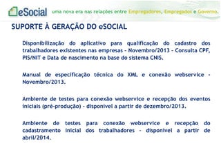 uma nova era nas relações entre Empregadores, Empregados e Governo.

SUPORTE À GERAÇÃO DO eSOCIAL
Disponibilização do aplicativo para qualificação do cadastro dos
trabalhadores existentes nas empresas – Novembro/2013 – Consulta CPF,
PIS/NIT e Data de nascimento na base do sistema CNIS.

Manual de especificação técnica do XML e conexão webservice Novembro/2013.
Ambiente de testes para conexão webservice e recepção dos eventos
iniciais (pré-produção) – disponível a partir de dezembro/2013.
Ambiente de testes para conexão webservice e recepção do
cadastramento inicial dos trabalhadores – disponível a partir de
abril/2014.

 