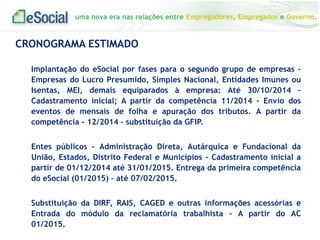 uma nova era nas relações entre Empregadores, Empregados e Governo.

CRONOGRAMA ESTIMADO
Implantação do eSocial por fases para o segundo grupo de empresas –
Empresas do Lucro Presumido, Simples Nacional, Entidades Imunes ou
Isentas, MEI, demais equiparados à empresa: Até 30/10/2014 –
Cadastramento inicial; A partir da competência 11/2014 – Envio dos
eventos de mensais de folha e apuração dos tributos. A partir da
competência - 12/2014 – substituição da GFIP.

Entes públicos – Administração Direta, Autárquica e Fundacional da
União, Estados, Distrito Federal e Municípios - Cadastramento inicial a
partir de 01/12/2014 até 31/01/2015. Entrega da primeira competência
do eSocial (01/2015) – até 07/02/2015.
Substituição da DIRF, RAIS, CAGED e outras informações acessórias e
Entrada do módulo da reclamatória trabalhista – A partir do AC
01/2015.

 