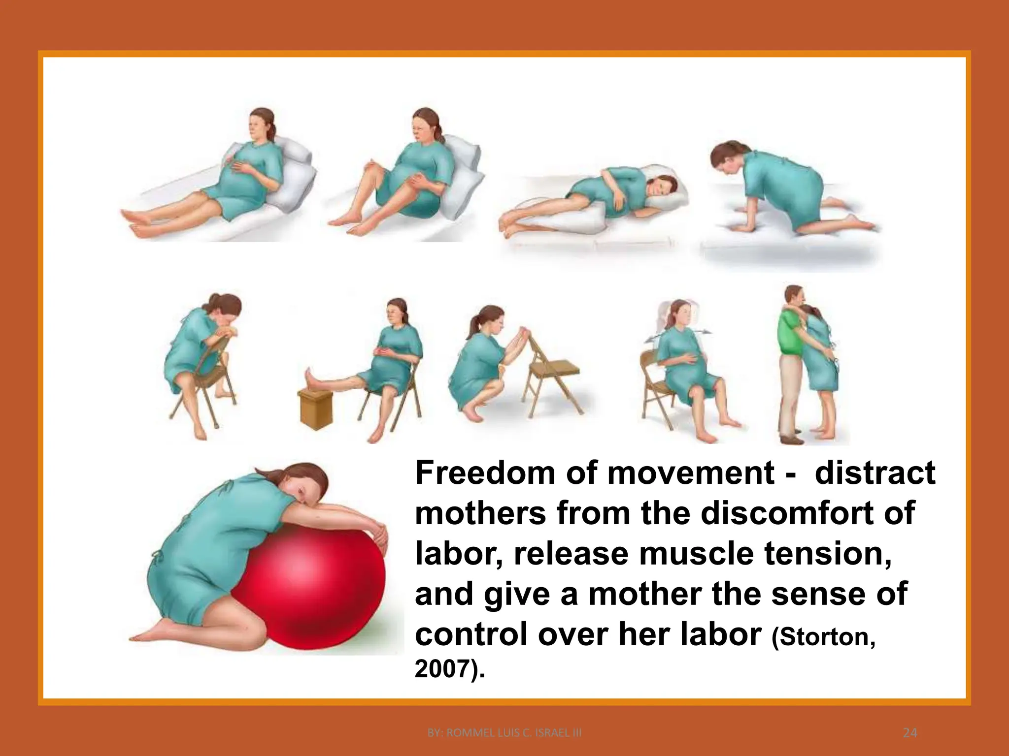 Freedom of movement - distract
mothers from the discomfort of
labor, release muscle tension,
and give a mother the sense of
control over her labor (Storton,
2007).
BY: ROMMEL LUIS C. ISRAEL III 24
 