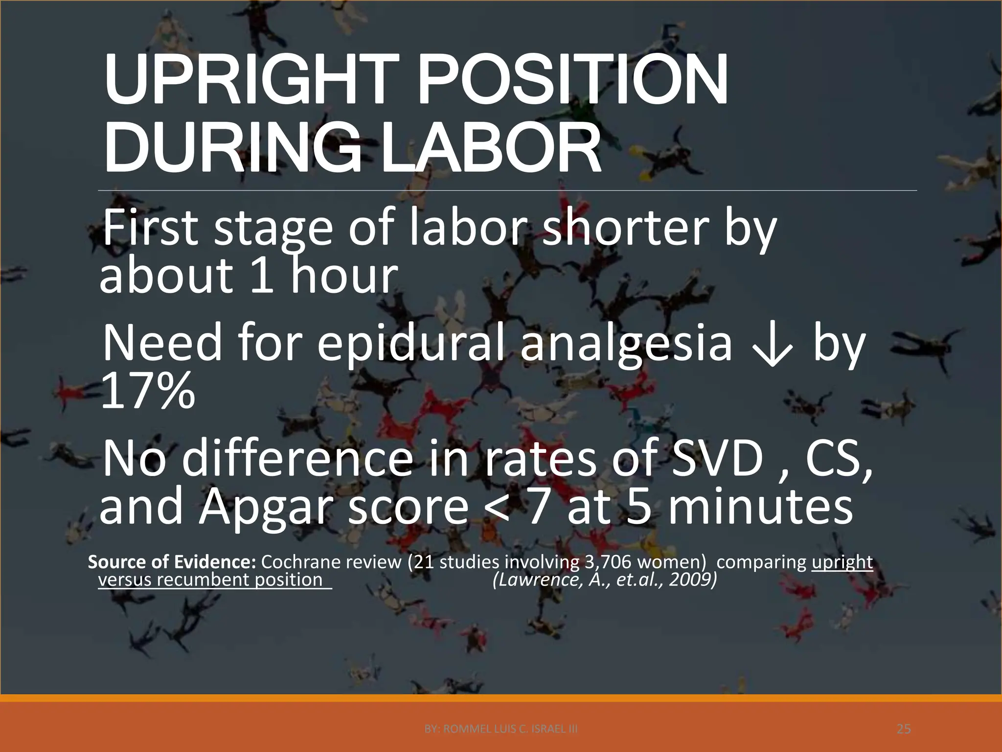 UPRIGHT POSITION
DURING LABOR
First stage of labor shorter by
about 1 hour
Need for epidural analgesia ↓ by
17%
No difference in rates of SVD , CS,
and Apgar score < 7 at 5 minutes
Source of Evidence: Cochrane review (21 studies involving 3,706 women) comparing upright
versus recumbent position (Lawrence, A., et.al., 2009)
BY: ROMMEL LUIS C. ISRAEL III 25
 