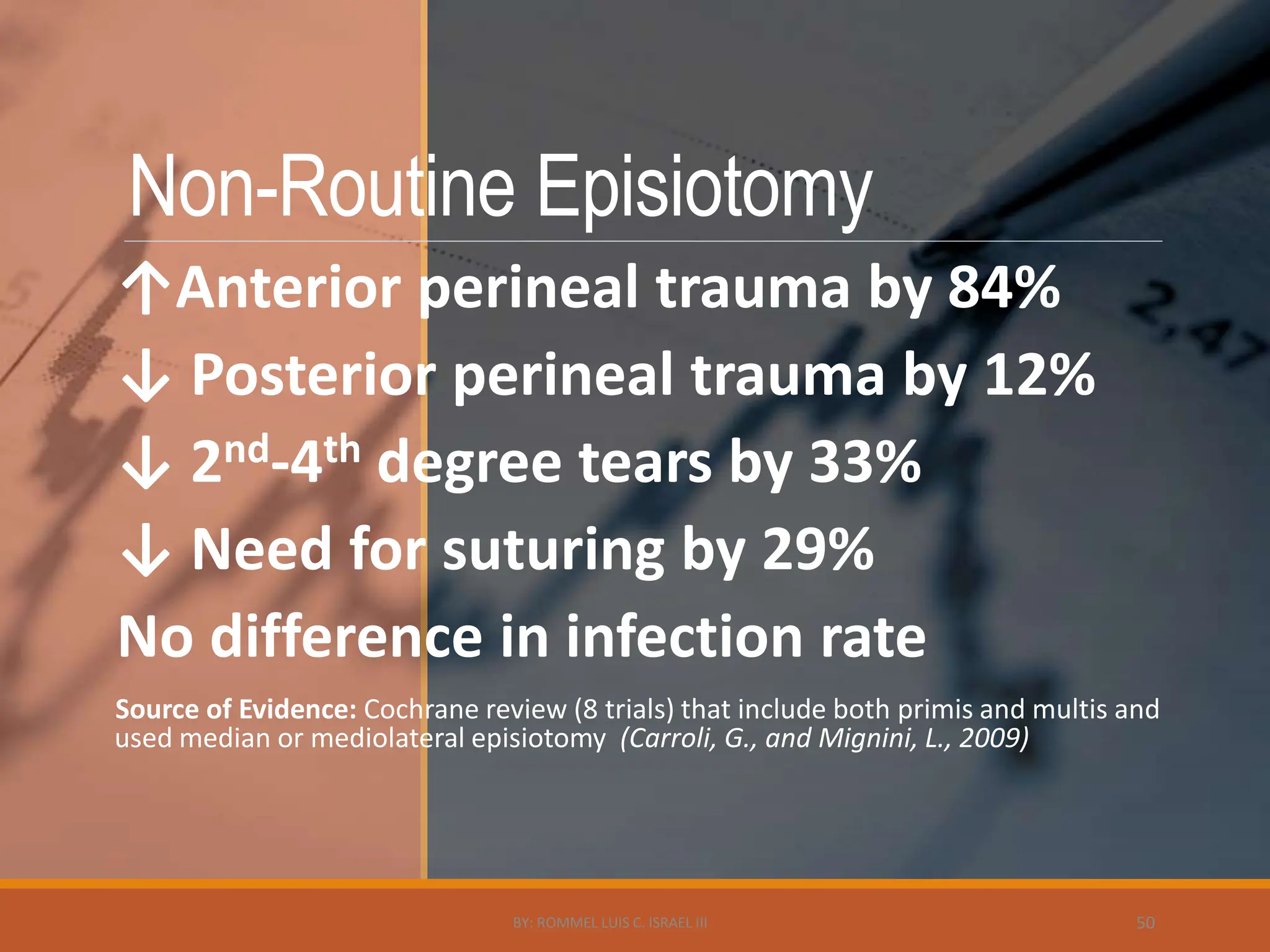 Non-Routine Episiotomy
↑Anterior perineal trauma by 84%
↓ Posterior perineal trauma by 12%
↓ 2nd-4th degree tears by 33%
↓ Need for suturing by 29%
No difference in infection rate
Source of Evidence: Cochrane review (8 trials) that include both primis and multis and
used median or mediolateral episiotomy (Carroli, G., and Mignini, L., 2009)
BY: ROMMEL LUIS C. ISRAEL III 50
 