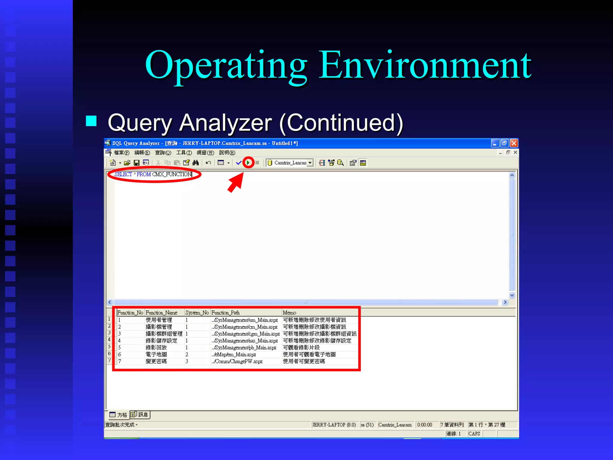 Query Analyzer (Continued) Operating Environment 