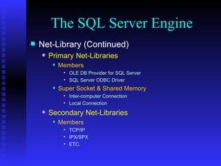 The SQL Server Engine Net-Library (Continued) Primary Net-Libraries Members OLE DB Provider for SQL Server SQL Server ODBC Driver Super Socket & Shared Memory Inter-computer Connection Local Connection Secondary Net-Libraries Members TCP/IP IPX/SPX ETC. 
