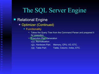 The SQL Server Engine Relational Engine Optimizer (Continued) Functionality Takes the Query Tree from the Command Parser and prepared it for execution. Execution Plan Generation <1> . Normalization <2> . Hardware Part:  Memory, CPU, I/O, ETC. <3> . Table Part: Table, Column, Index, ETC. 