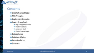 10/04/2019 http://www.archiver-project.eu 2
Contents
OAIS Reference Model
FAIR Principles
Deployment Scenarios
Buyers Group Goals
High Energy Phyics Goals
Life Science Goals
Astronomy Goals
Photon Science Goals
Data Volumes
Data Ingest Rates
Retention Period
Summary
 